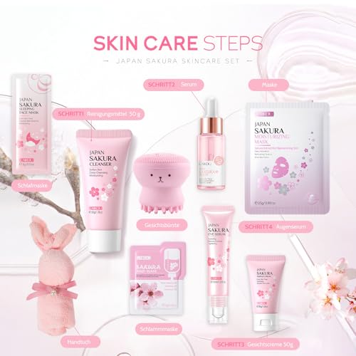 Shefave Sakura Gesichtspflege Set Damen, Skincare Set mit Reiniger, Serum, Creme, Augenserum, Gesichtsbürste, Handtuch, Schlafmaske, Skin Care Adventskalender, Beauty Set Teenager Mädchen