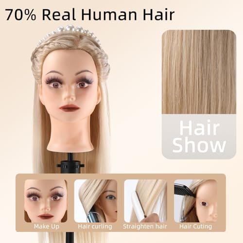 Frisierkopf 70% Echthaar Übungskopf 24 Zoll Frisierkopf Friseure Trainingsköpfe für Friseure zum Frisieren und Schminken Ausbildung Kopf Mit Halter + DIY Haare Set