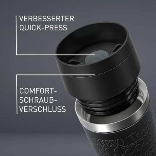 Emsa Travel Mug Classic Isolierbecher 360 ml, Kaffeebecher to Go, neuer Komfort-Schraubverschluss, Edelstahl, 4h heiß und 8h kalt, 100% dicht, spülmaschinenfest, 360°-Trinköffnung, schwarz, N20202