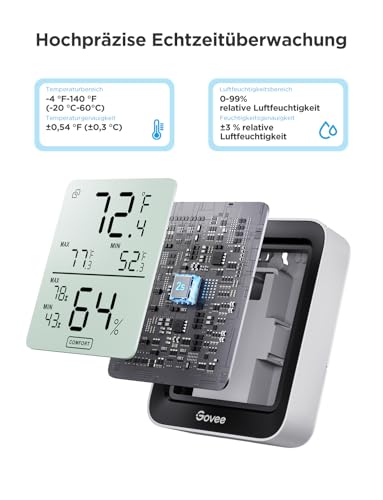 Govee Thermometer Hygrometer Innen, LCD Digital Temperatur luftfeuchtigkeitsmesser mit Benachrichtigungs Alarm, Präzise Thermo-Hygrometer mit APP, Datenspeicherung für Gewächshaus Weinkeller