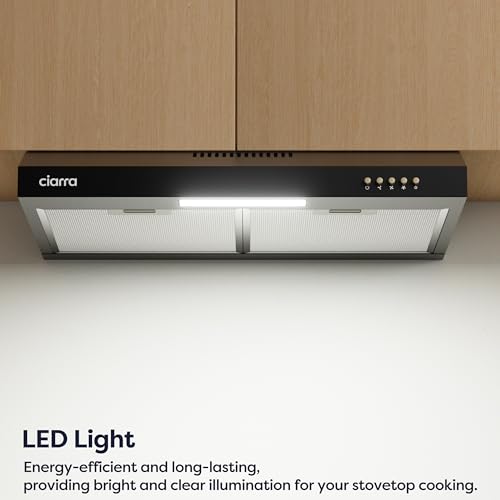 CIARRA ASB6903D 60cm Visor Cooker Hood A+ Energy Efficient Wall Mounted Undercabinet Range Hood Black, 220m³/h Quiet Extractor Fan with Top Venting