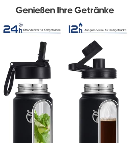 HydroPal Edelstahl Trinkflasche - 750ml, 1L, 1,2L, BPA-Frei, Kohlensäure geeignet, Isolierte flasche mit Strohhalm & 2 Deckel, Auslaufsichere Isolierflasche für Sport (Schwarz, 750 ml)