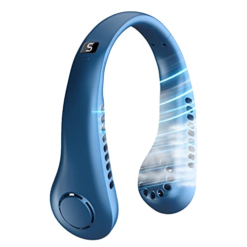 Deyaah Portable Neck Fan, 3000mAh Neck Fan 360° Bladeless Cooling Personal Neck Fan Rechargeable Hand-free Neck Fan with 5 Speeds for Travel, Outdoor, Home, Office, School, Camping (Blue)