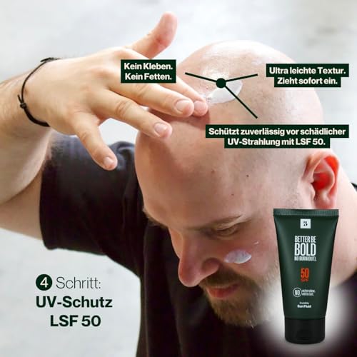 BETTER BE BOLD „Bestseller" Glatzenpflege-Routine (0-3mm) | Mattierende Glatzencreme (0-3mm) + Pflegendes Glatzenshampoo (0-6mm) + Invisible Sun Fluid LSF 50