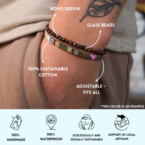 Made by Nami 2er Set Surfer-Armband Herren & Damen • 100% Wasserfest & Handmade • Perlen-Armband Boho Stoff-Armband • Sommer Strand-Schmuck • Freundschaftsarmbänder (Safari & Tigerauge)