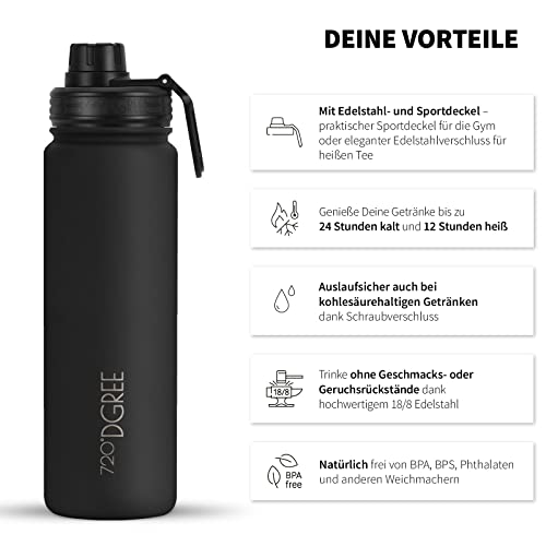 720°DGREE Edelstahl Trinkflasche 950ml “noLimit” - Auslaufsicher, Kohlensäure geeignet, BPA-Frei - Thermosflasche, Isolierflasche mit Schraubverschluss für Sport, Fitness, Outdoor +Gratis Sportdeckel
