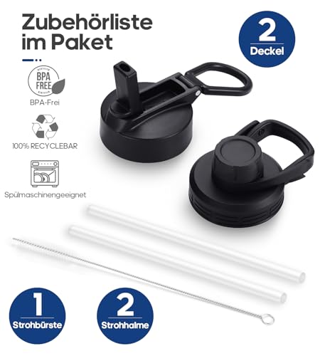 HydroPal Edelstahl Trinkflasche - 750ml, 1L, 1,2L, BPA-Frei, Kohlensäure geeignet, Isolierte flasche mit Strohhalm & 2 Deckel, Auslaufsichere Isolierflasche für Sport (Schwarz, 750 ml)