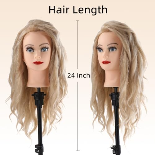 Frisierkopf 70% Echthaar Übungskopf 24 Zoll Frisieren Trainingsköpfe für Friseure Ausbildung Kopf Mit Halter + DIY Haare Set