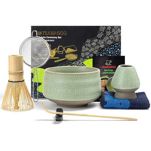 TEANAGOO Matcha Set| Matcha Besen|Matcha Tea Set | Matcha Schale| Matcha Whisk,Schaufel, Sieb, Matcha-Besenhalter, Matcha-Besenständer-7 Stück MatchaTee Sets,N6, Lt.grün mit Schwarzer Naht