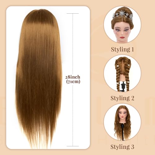 Neverland Beauty 71 cm Trainingskopf mit 60% Echthaar, Friseur-Mannequin-Kopf, Kosmetologie-Puppenkopf mit Tischklemme und Friseur-Werkzeug-Set, Glatt, Menschliches Haar , Einnähen Gold