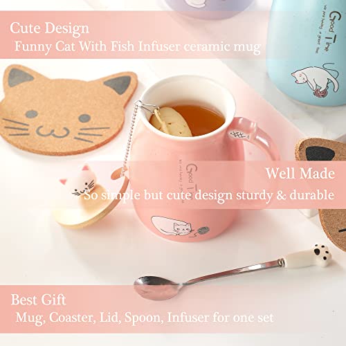 Katzen-Tasse Süße Keramik Kaffeetasse mit deckel,Edelstahl Löffel, Neuheit Morgen Cup Tee Milch Weihnachten Becher Geschenk Teetasse mit Deckel und Sieb Geschenke für Frauen380ML (Rosa)