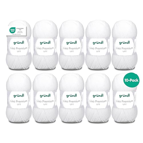 Gründl Wolle Lisa Premium uni - 10 x 50 g - Wolle zum Häkeln - Wolle zum Stricken - 100 % Polyacryl- Weich & Pflegeleicht- Nadelstärke 3,5-4,5 - Weiß