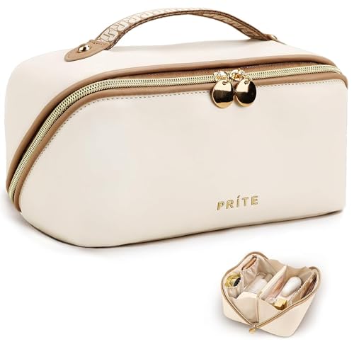 Prite Große Kapazität Kosmetiktasche Tragbare Reise Make Up Tasche wasserdichte PU-Leder Schminktasche oder Kulturbeutel mit Transparente Trenner und Griff(Beige)