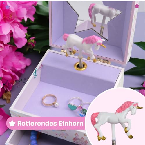 Jewelkeeper Musikalisches Schmuckkästchen Kinder Mädchen - Einhorn Schmuckkasten mit Glitzer Regenbogen - Zwei Schubladen - Schmuckdose Kinder - Fördert Kreativität - The Beautiful Dreamer Melodie