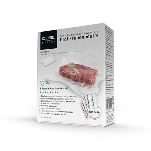 CASO 8 Sterne Profi- Folienbeutel 20x30 cm / 50 Beutel, Vakuumierbeutel für alle Vakuumierer, sehr stark & reißfest ca. 150µm, Vakuumbeutel Lebensmittel Vakuumiergerät, Sous Vide, BPA-frei