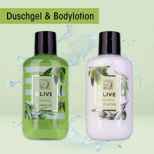 Accentra – Duschset Frauen Geschenkset OLIVE in schöner Geschenkbox – 4-teiliges Pflegeset mit Duschgel, Bodylotion, Körperbutter und Netzschwamm – Wellness Geschenk Set zum Geburtstag