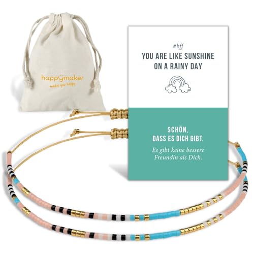 happymaker - Freundschaftsarmbänder, 2 Armbänder aus Miyuki Perlen mit Geschenkkarte und Geschenkverpackung als beste Freundin Geschenk, handgefertigt in Deutschland