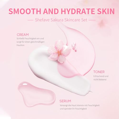 Shefave Sakura Gesichtspflege Set Damen, Skincare Set mit Reiniger, Serum, Creme, Augenserum, Gesichtsbürste, Handtuch, Schlafmaske, Skin Care Adventskalender, Beauty Set Teenager Mädchen