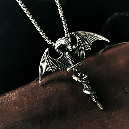 bahamut Mens Viking Jewellery Dragon Sword Pendant Necklace for Men Stainless Steel Gothic Vintage Jewelry with Chain