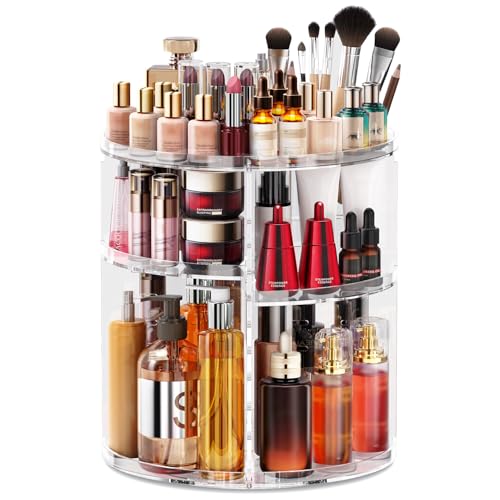 HOOMOOZ Make Up Kosmtik Organizer, 360° Drehbar Skincare Organizer, Multifunktion Schmink Aufbewahrung, Verstellbare Aufbewahrungsbox Desktop für Dresser Schlafzimmer Badezimmer, Transparent
