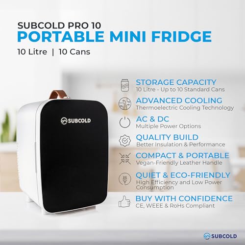 Subcold Pro10 Luxury Mini Fridge Cooler | Compact 10L Portable Small Fridge 12V & 240V | Efficient, Quiet Cooling System | Ideal for Bedroom, Office, Beauty & Car | (Black)