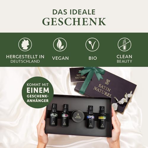 Satin Naturel Verwöhnendes Geschenkset Frauen mit BIO Arganöl + Rizinusöl + Mandelöl + Jojobaöl + Body Scrub aus Totes Meer Salz – Geschenke für Frauen - Luxus-Geschenkbox Naturkosmetik