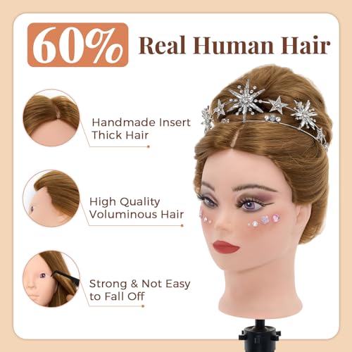 Neverland Beauty 71 cm Trainingskopf mit 60% Echthaar, Friseur-Mannequin-Kopf, Kosmetologie-Puppenkopf mit Tischklemme und Friseur-Werkzeug-Set, Glatt, Menschliches Haar , Einnähen Gold