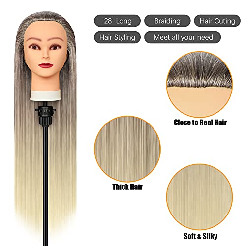 Trainingsköpfe, 28 inch Übungskopf Frisierkopf Friseur 100% Synthetikfaser-Haar Styling Kopf Frisierkopf für Frisöre mit kostenloser Klemme und DIY Flechtset(Golden)