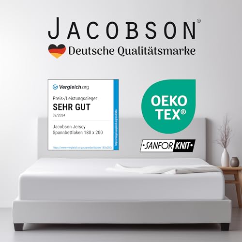 Jacobson Jersey Spannbettlaken Spannbetttuch Baumwolle Bettlaken (90x200-100x200 cm, Weiss)