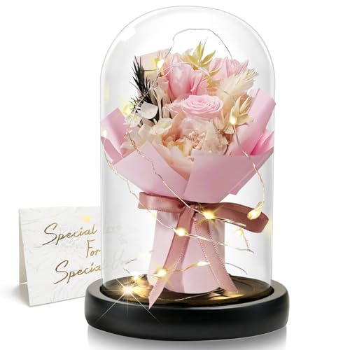 DINGHENG Ewige Rose im Glas mit LED, Rosa Rose Blumenstrauß, Geschenk für Frauen, Dekoration für Zuhause, Langlebige Echte Blumen für Freundin Weihnachten Valentinstag Muttertag Geburtstag