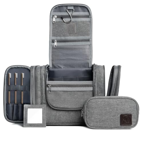 Obics Kulturbeutel Herren & Damen Gross grau 8L XL - Kulturtasche zum Aufhängen & mit Spiegel - Toiletten-Tasche mit Henkel hängend - Kosmetik-Beutel groß - Waschtasche 10 Fächer für Camping Reisen