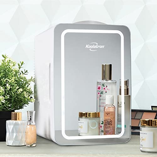 Koolatron 6L Cosmetic Mini Fridge for Bedrooms 12V Compact Portable Vanity Small Car Refrigertor for Makeup Skincare Beauty Fridges with Dimmable LED Light Mirror Ideal for Girls Kids Desk Home White