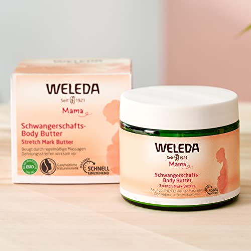 WELEDA Bio Mama Schwangerschaft Body Butter – vegane Naturkosmetik Babybauch Massage Körperbutter zur Dehnungsstreifen Vorbeugung. Hautpflege Körpercreme mit Sheabutter & Kakaobutter (1x 150ml)