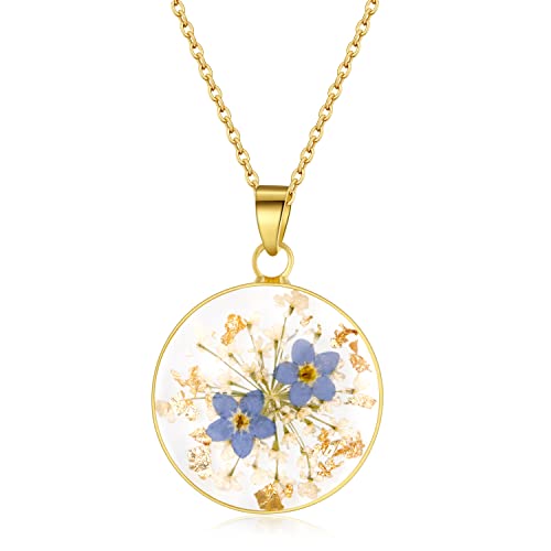 Vergissmeinnicht und Queen Anne's Lace Gepresste Wildblume Halskette | Gold gepresste Blume Halskette | Personalisierte handgefertigte Halsketten | Echte Blume Halskette | Abschiedsgeschenk | 45cm
