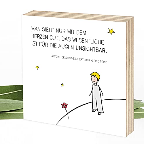 Wunderpixel® Holzbild Man sieht nur mit dem Herzen gut - aus dem kleinen Prinzen - 15x15x2cm zum Hinstellen/Aufhängen, Fotodruck mit Spruch und Illustration auf Holz - Wand-Bild Aufsteller Dekoration