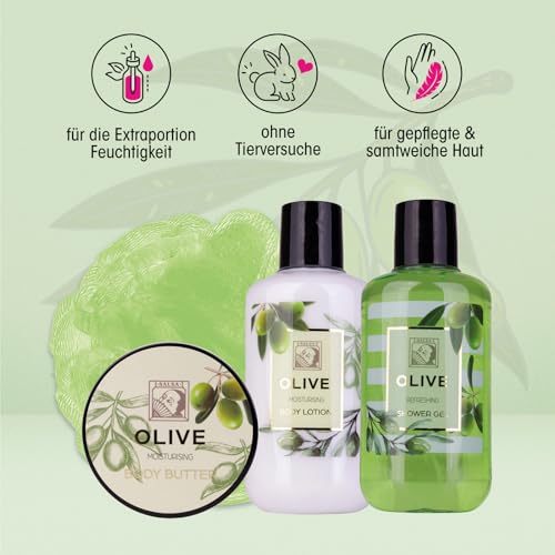 Accentra – Duschset Frauen Geschenkset OLIVE in schöner Geschenkbox – 4-teiliges Pflegeset mit Duschgel, Bodylotion, Körperbutter und Netzschwamm – Wellness Geschenk Set zum Geburtstag