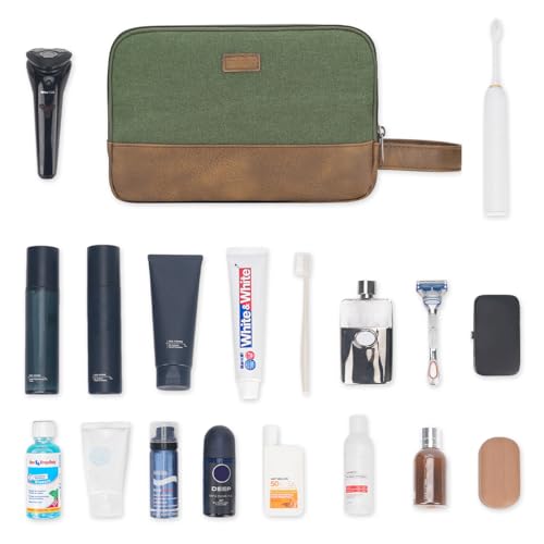 WANDF Kulturtasche für Herren Reise-Kulturtasche,Dopp-Kit aus Canvas,Wasserabweisende vegane Ledertasche für Rasierutensilien und Toilettenartikel (Grün)