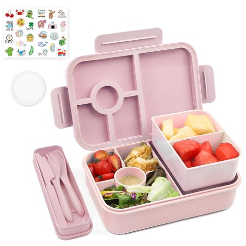 Bugucat Brotdose Kinder mit Fächern 1300ML 3PCS, Lunchbox Kinder Auslaufsicher mit 4 Fächern, Bento Box Lunch Box mit Fächern für Kinder Erwachsene, Frühstücksbox Vesperdose für Jungen&Mädchen Rosa