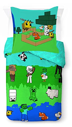 Jay Franco Minecraft Creative Mode Kinderbettwäsche-Set aus 100 Baumwolle, 135 x 200 cm, Einzelbettgröße – Bettbezug und Kissenbezug 80 x 80 cm