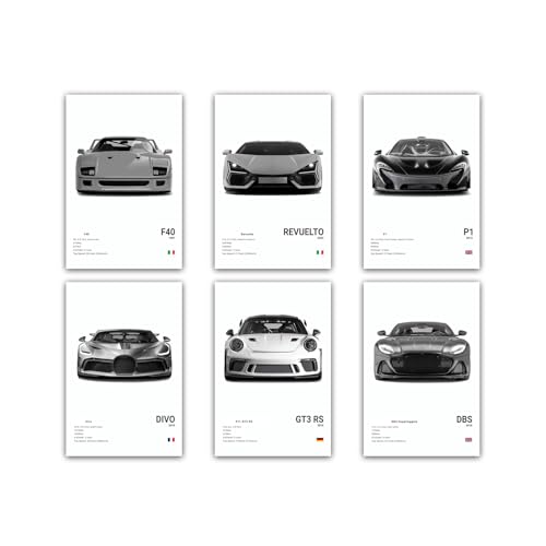 Sportwagen Poster Supercar Leinwanddrucke Schwarz-Weiß-Rennwagen-Wanddekoration Moderne Auto-Wandkunst für Jungen Zuhause Schlafzimmer Büro Wohnheim Zimmerdekoration (6 Stück 20 x 30 cm Ungerahmt)