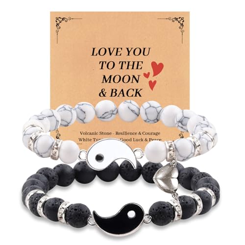 2 Matching Yin Yang Armband für Paare und Bester Freund, Verstellbare Passende Pärchen Armbänder Freundschaftsarmband mit Herz Magnet, Fernbeziehung Armband mit Geschenkkarte