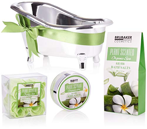 BRUBAKER Cosmetics Bade- und Dusch Set Aloe Vera - 7-teiliges Geschenkset in dekorativer Wanne - Damen Beauty Set mit Badewanne Silber