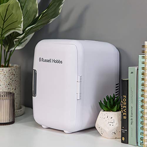 Russell Hobbs RH4CLR1001 4L/6 Can Portable Mini Cooler & Warmer for Drinks, Cosmetics/Makeup/Skincare, AC/DC Power, Retro Style, White, For Bedroom, Home, Caravan, Car