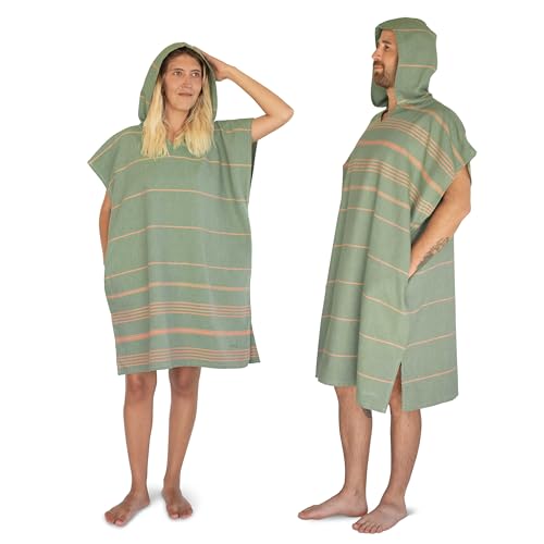 LeStoff Badeponcho - 100% Bio-Baumwolle - Leicht, Saugstark, Schnelltrocknend, Strandponcho, Handtuchponcho, Surfponcho, Umkleideumhang, Handtuchkleid, Duschponcho, Umziehponcho (Olive-Orange, L)