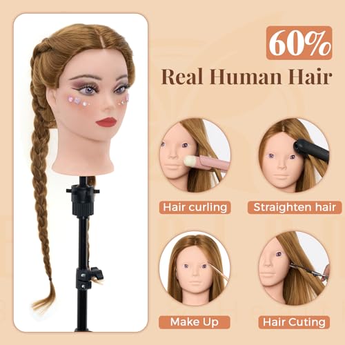 Neverland Beauty 71 cm Trainingskopf mit 60% Echthaar, Friseur-Mannequin-Kopf, Kosmetologie-Puppenkopf mit Tischklemme und Friseur-Werkzeug-Set, Glatt, Menschliches Haar , Einnähen Gold