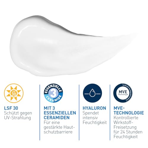 CeraVe Gesichtscreme mit LSF 30, Feuchtigkeitsspendende Creme mit Lichtschutzfaktor 30, Ohne Duftstoffe und Parabene, Bei normaler bis trockener Haut, 52 ml