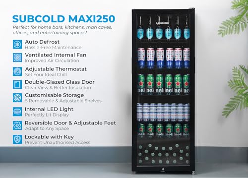 Subcold MAXI250LED Tall Drinks Fridge with Glass Door | 237L Upright Can Cooler | Ideal for Home Bars, Kitchens, and Entertaining Spaces (Black)