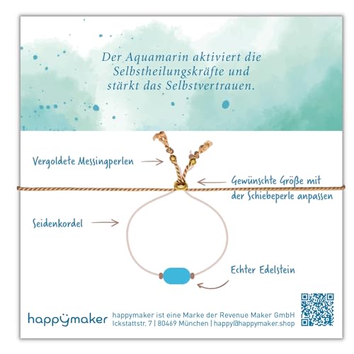 happymaker - Edelstein Armband Aquamarin Damen, handgefertigt in Deutschland, Armband mit Goldperlen und Geschenkverpackung, Mutmacher und Motivations Geschenk, Geburtsstein Fisch