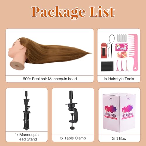 Neverland 71cm Frisierkopf Übungskopf mit Ständer, 60% Echthaar Puppenkopf zum Frisieren, Trainingsköpfe für Friseure Ausbildung Kopf mit Tischklemme und Haare Zubehör(Golden)