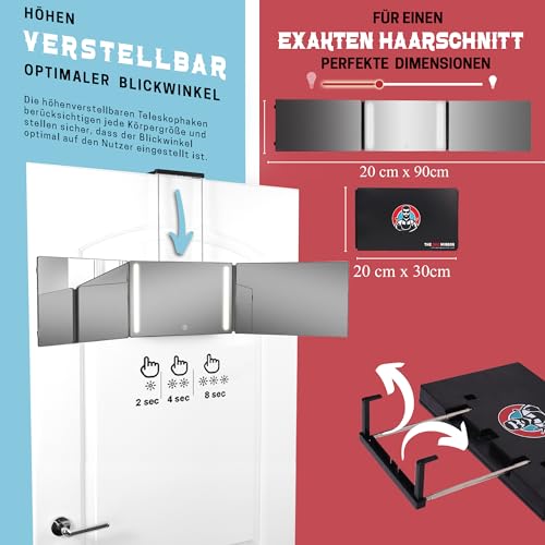 360 Grad-LED-Spiegel - Reisevariante mit verstellbaren Teleskophaken, perfekter Selbsthaarschnitt-Spiegel für Männer - 3-fach Spiegel zum Haareschneiden - Spiegel zum Schneiden Ihrer Haare